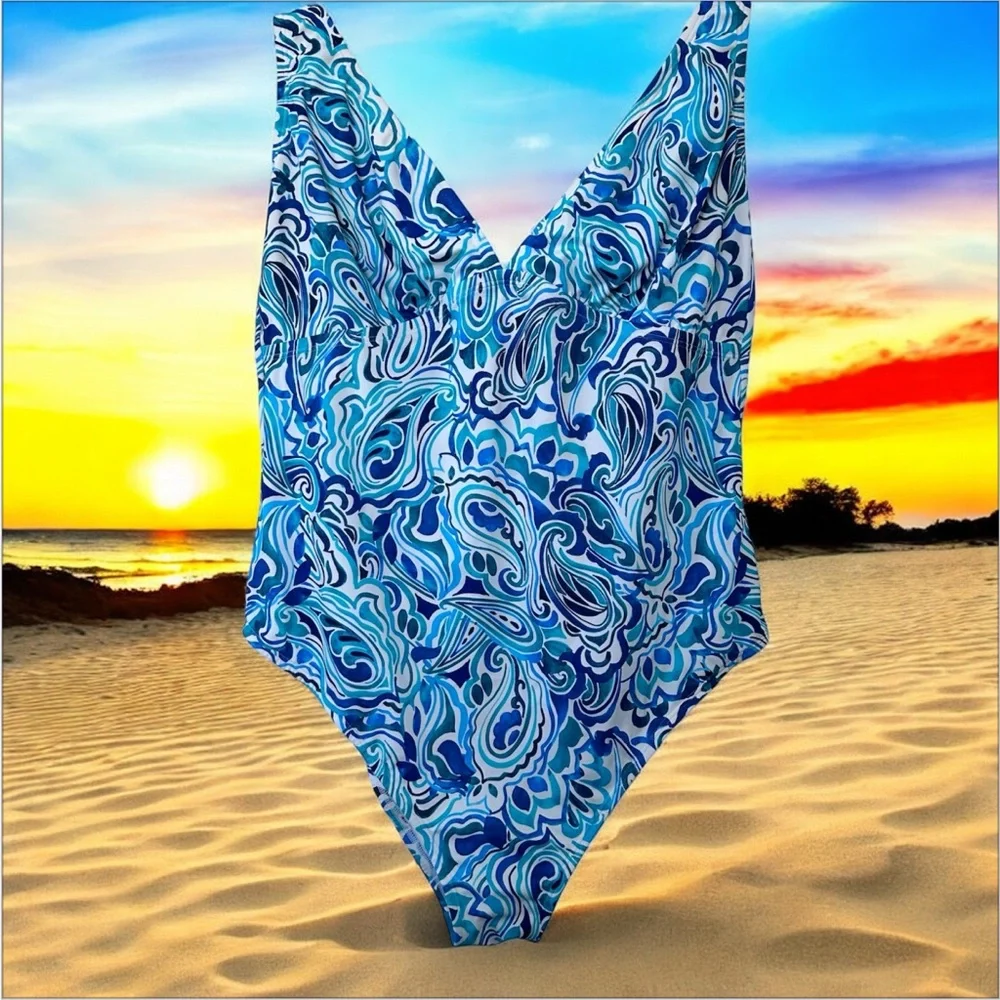 VENUS Maldives Plunge One Piece Swimsuit in Blue and White Pattern